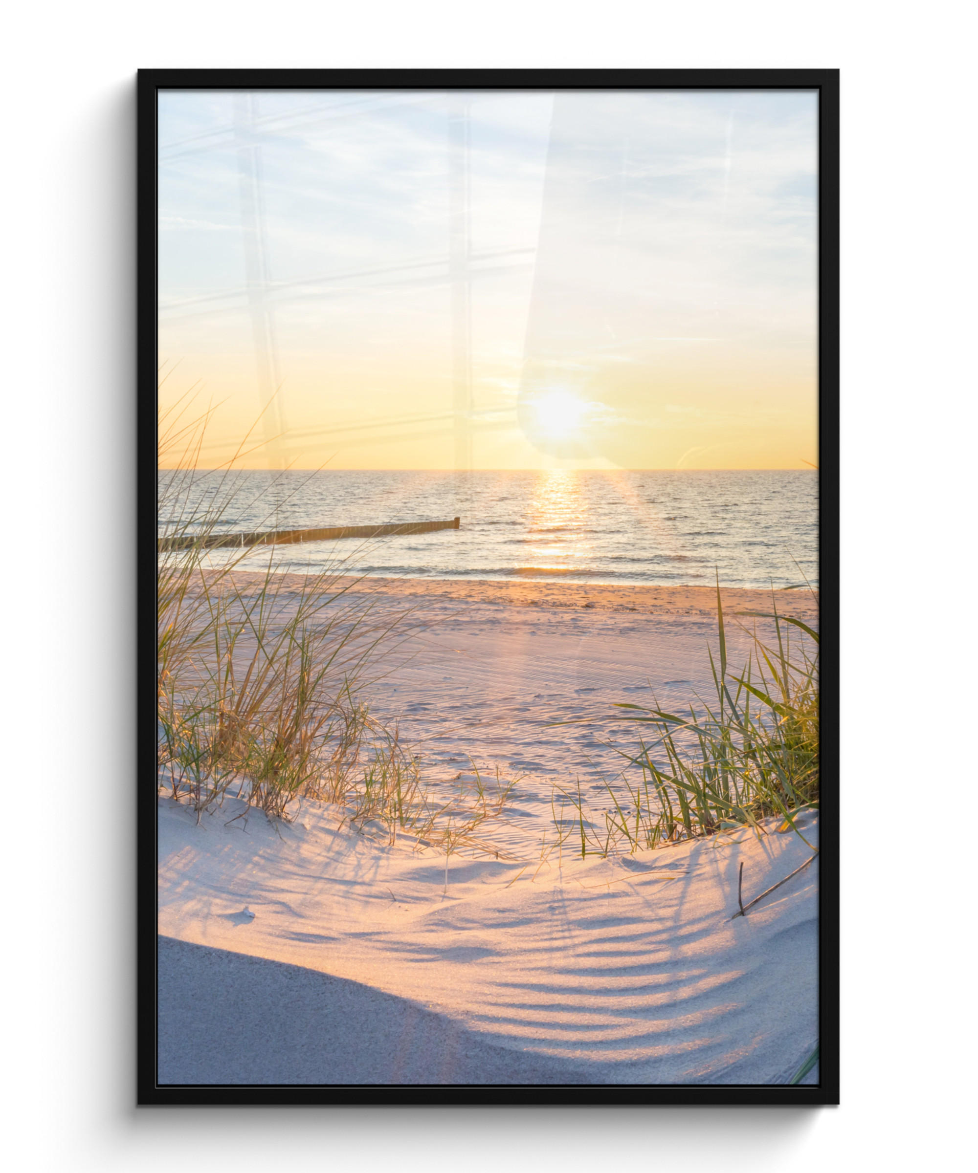 GERAHMTES BILD Strand - Sonne - Düne - Gras - Sand - Horizont 80x120 cm - Hellblau, Papier (80/120cm) - MuchoWow