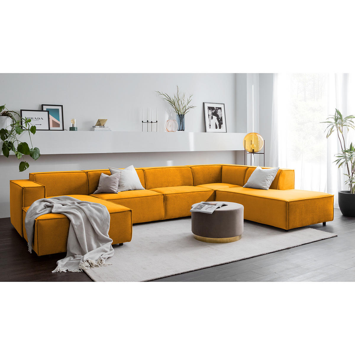 WOHNLANDSCHAFT mit Longchair & Ottomane - Gelb/Schwarz, Kunststoff/Textil (369/70/234cm) - home24