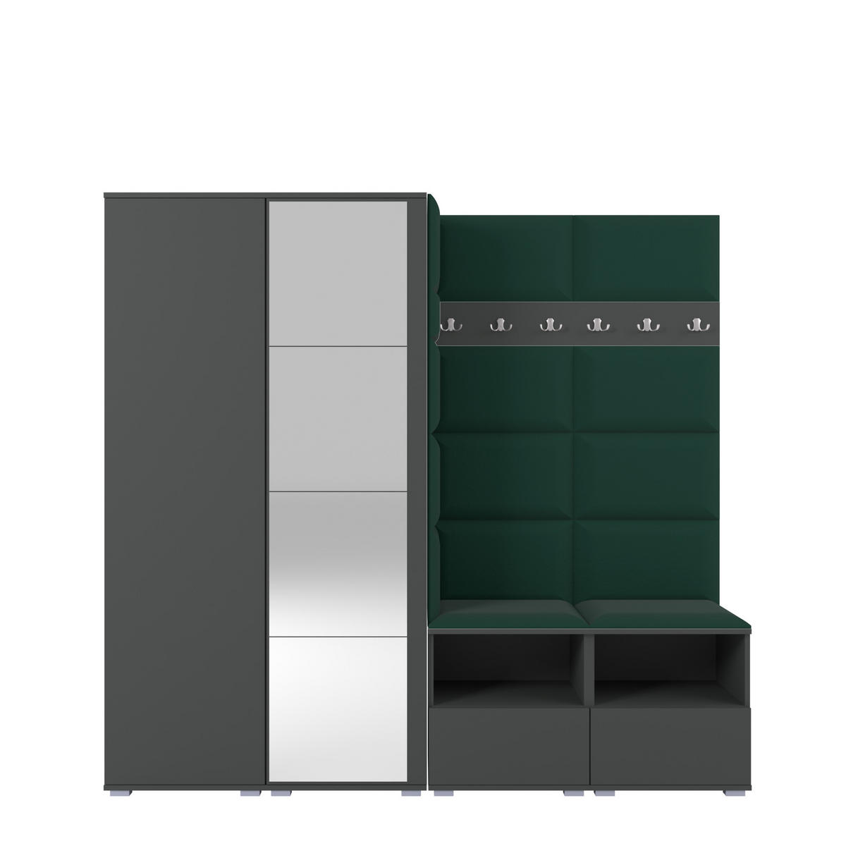 GARDEROBE NELA VI 200 cm (Modulare Flurmöbel Graphit mit Spiegel & Sitzpolster Flaschengrün 28 Universell) - Dunkelgrün/Silberfarben, Holz/Holzwerkstoff (200/187/40cm) - Ravio