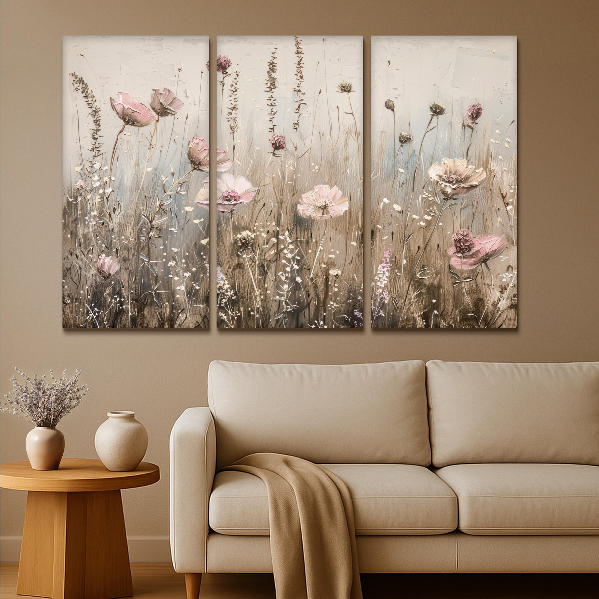 LEINWANDBILD 3er Set Blumen - Beige - Modern - Rosa 180x120 cm - Ecru, Textil (180/120cm) - MuchoWow