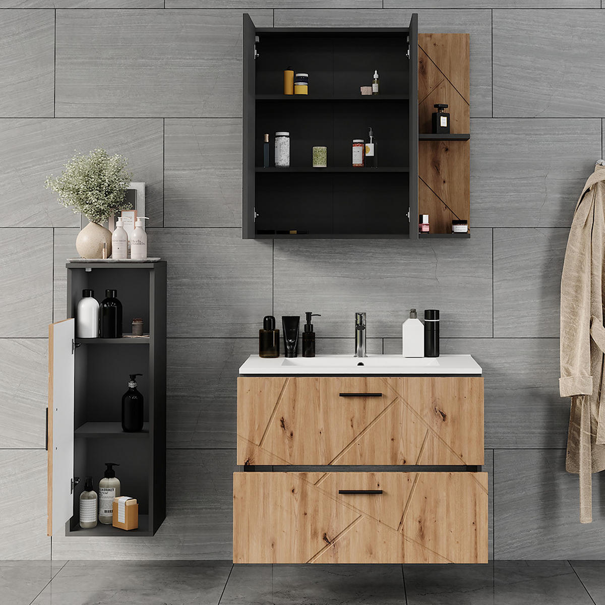 KOUPELNOVÝ NÁBYTEK Irma Antracit/Artisan - antracitová/dub artisan, kompozitní dřevo (80/57/44.6cm) - Vicco