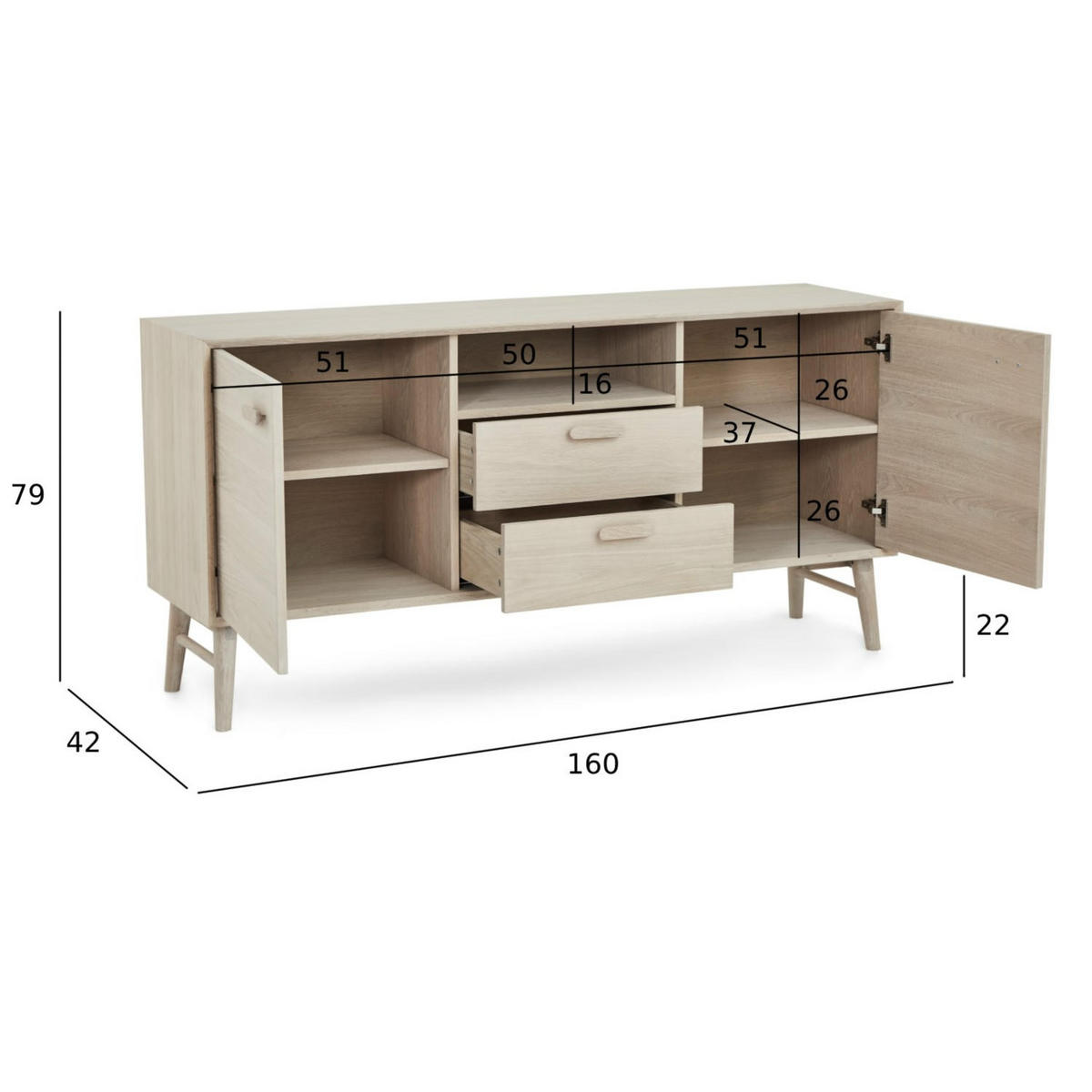 SIDEBOARD Eiche massiv - Eiche Bianco/Eichefarben, Holz/Holzwerkstoff (160/79/42cm) - Furnhouse