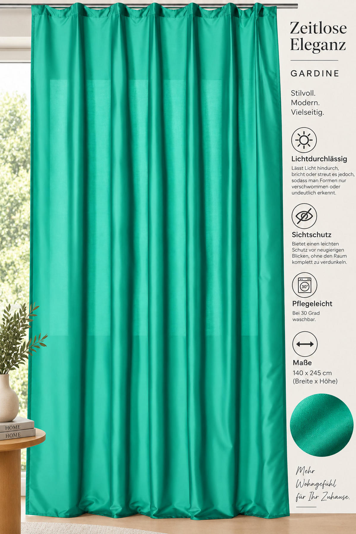 VORHANG Kräuselband 140/245 cm Jadegrün Wildseiden Optik - Jadegrün, Textil (140/245cm) - TiborTex