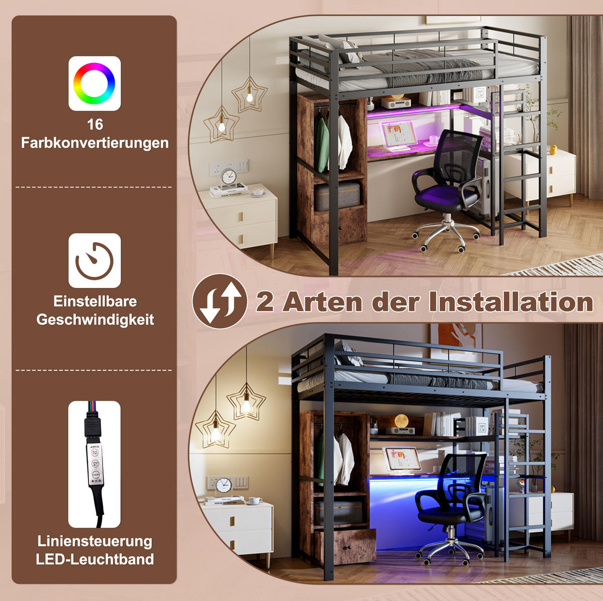 HOCHBETT 90/200 cm aus Metall und MDF mit Schreibtisch und LED-Beleuchtung Schwarz - Schwarz, Holzwerkstoff (90/200cm) - Modenvie