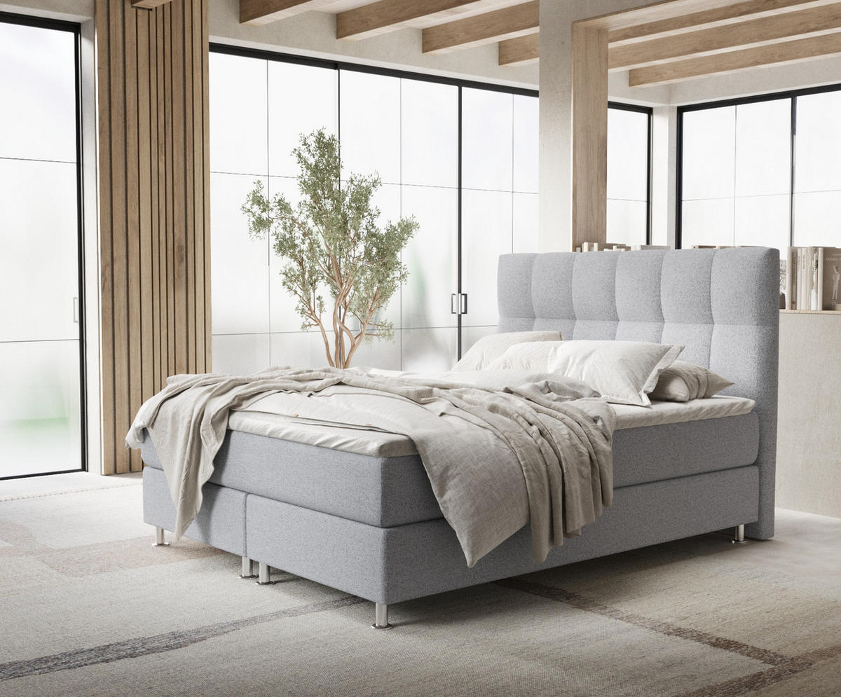 BOXSPRINGBETT Elisio Hellgrau 200/200 cm mit Latex-Topper - Silberfarben/Hellgrau, Holz/Holzwerkstoff (200/200cm) - Maison de Reve