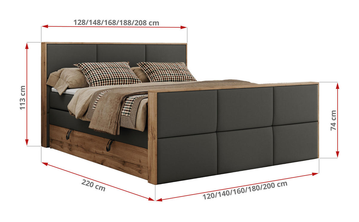 BOXSPRINGBETT ALBERO 2 KING DUO 200/200 Dunkelgrau Kunstleder - H4 - Dunkelgrau, Holz/Textil (200/200cm) - MKS