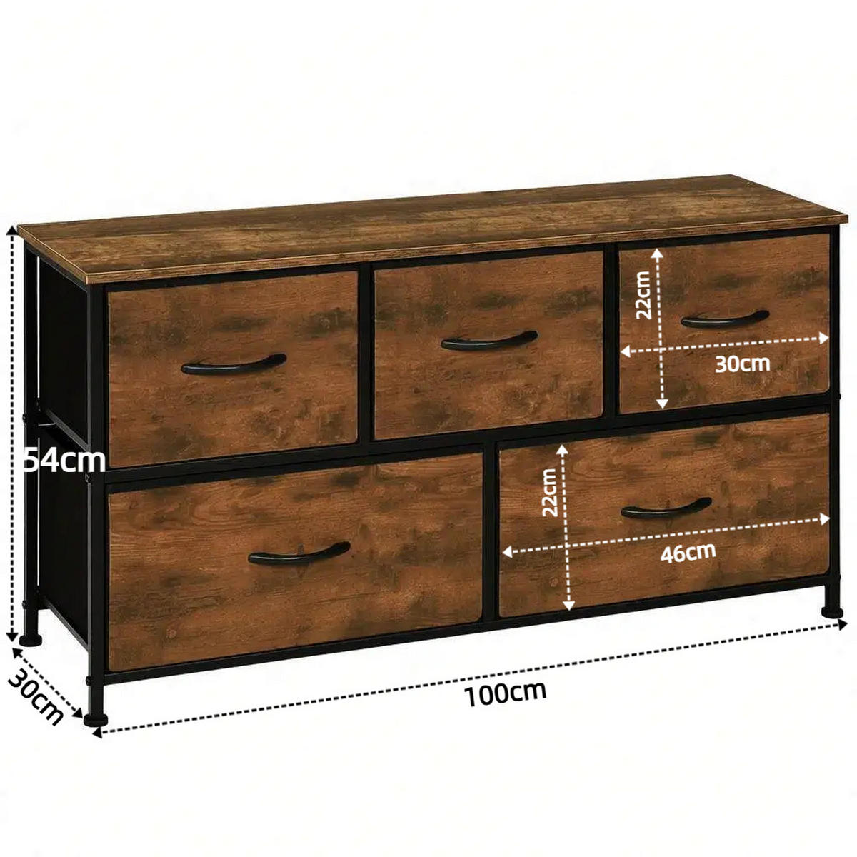 KOMMODE DE-38068 100/30/54 cm mit 5 Stoffschubladen Vintage-Braun - Braun, Holzwerkstoff (100/54/30cm) - ComfortXL