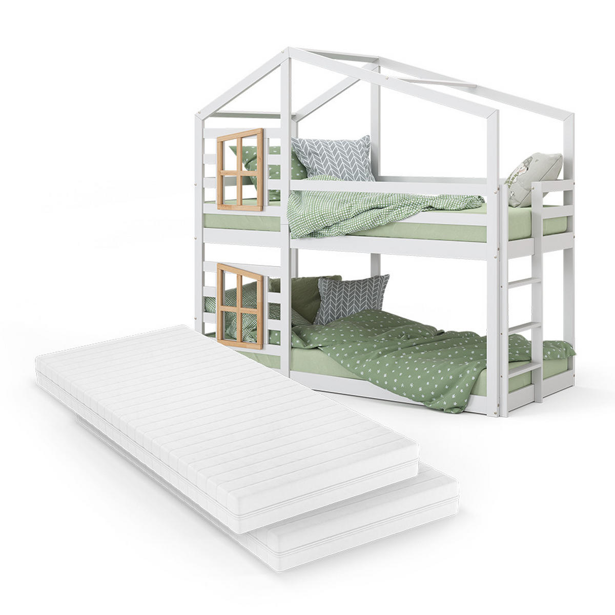 ETAGENBETT Maja Weiß 90x200 cm mit 2 Matratzen - Hellbraun/Weiß, Holz (90/200cm) - VitaliSpa