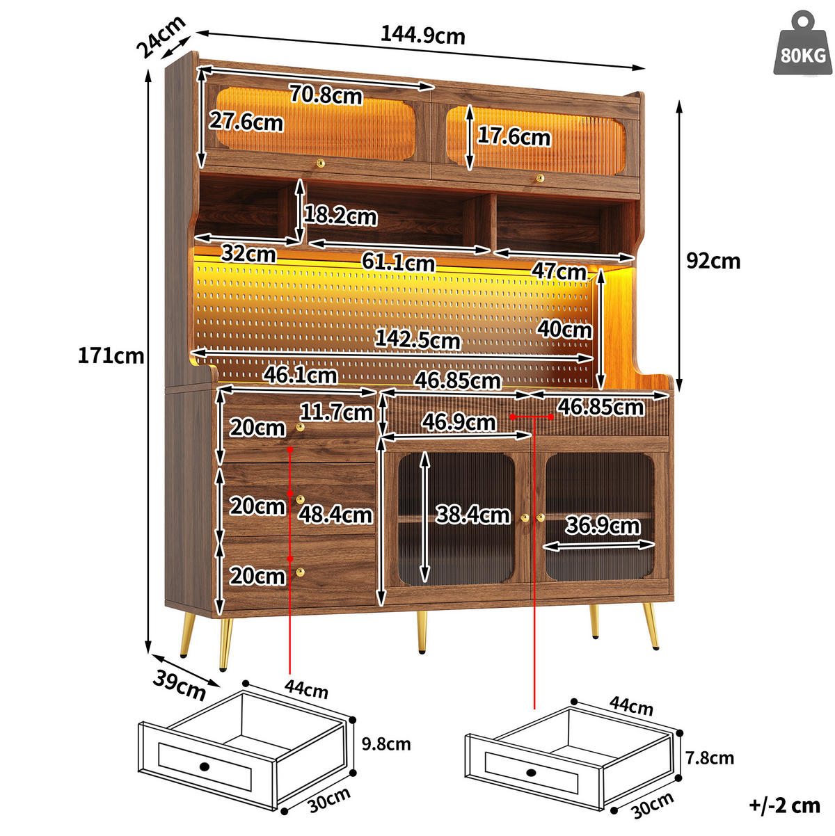 BUFFET 145/39/171 cm walnuss aus MDF und Glas mit LED - Walnussfarben, Holzwerkstoff (145/171/39cm) - OKWISH