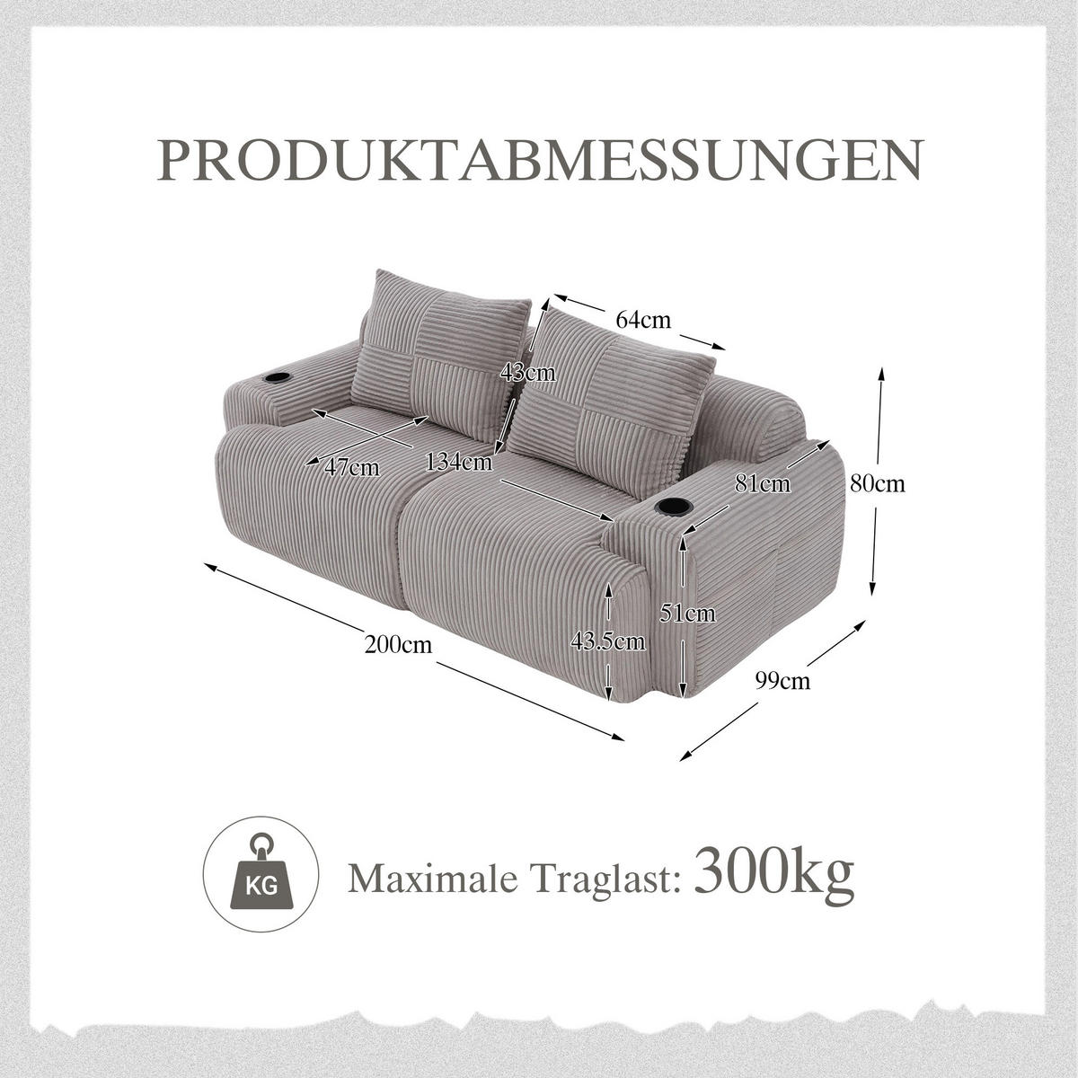 2-SITZER-SOFA aus Cord 200x99x80 cm in Hellgrau mit Cupholder & Seitentasche - Hellgrau, Textil (99/80/200cm) - Modfu