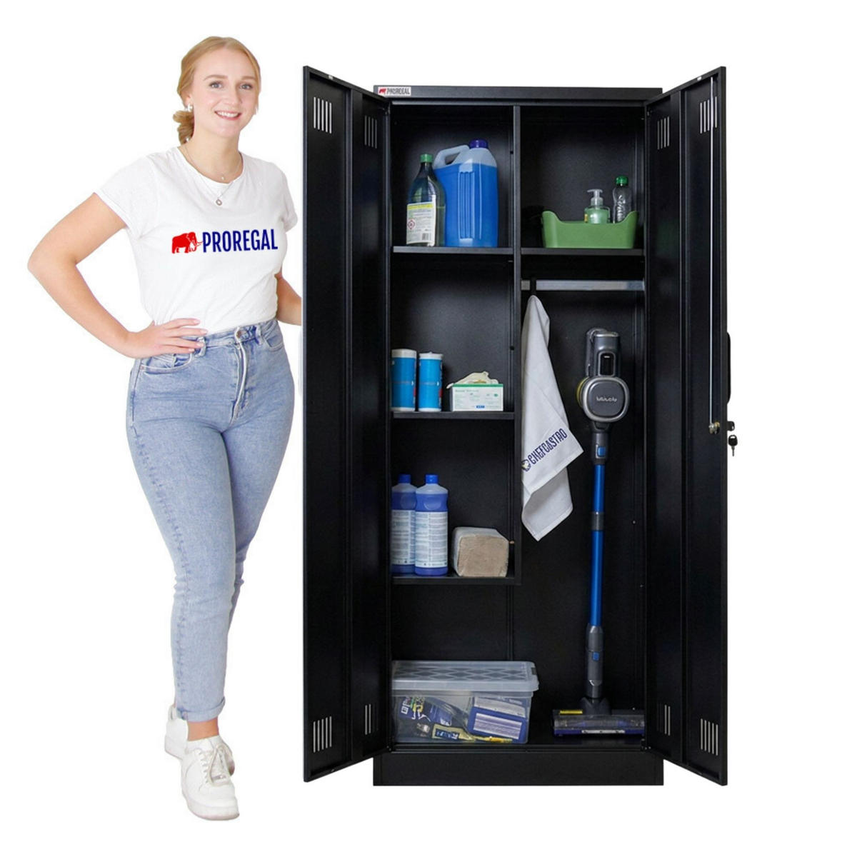 PUTZMITTELSCHRANK Rhino Metall 170x70x30cm Schwarz - Schwarz/Weiß, Metall (70/170/30cm) - PROREGAL