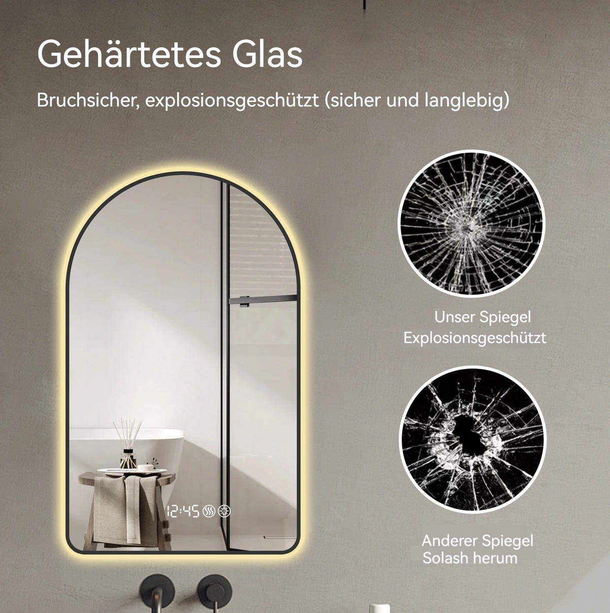 LED Badezimmerspiegel 120x70x3cm Schwarz-Silber,dimmbar,3 Farben,mit Entspiegelung & Temperatur-Anzeige - Silberfarben, Glas (3/120/70cm) - Modfu