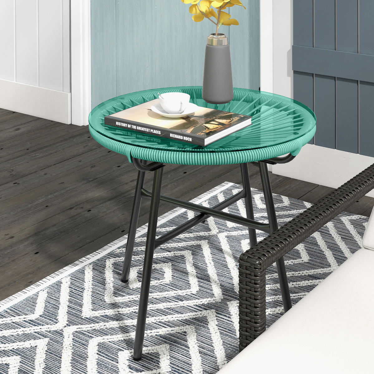GARTENBEISTELLTISCH DE-13584 rund mit Glasplatte, PE-Rattanoptik Natur - Grün, Metall (50/50/50cm) - ComfortXL