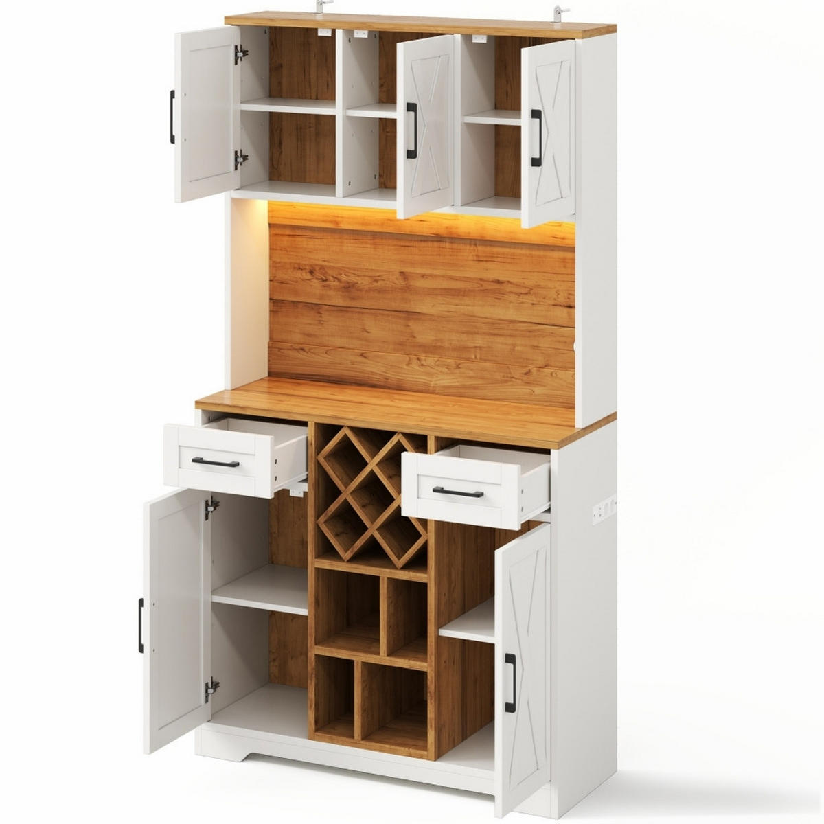 KÜCHENSCHRANK MIT LED-BELEUCHTUNG UND STECKDOSE, mit Weinregal, MDF, Scheunentor-Design, für Esszimmer, 105/40/180 cm - Naturfarben, Kunststoff (40/180/105cm) - Rolipo