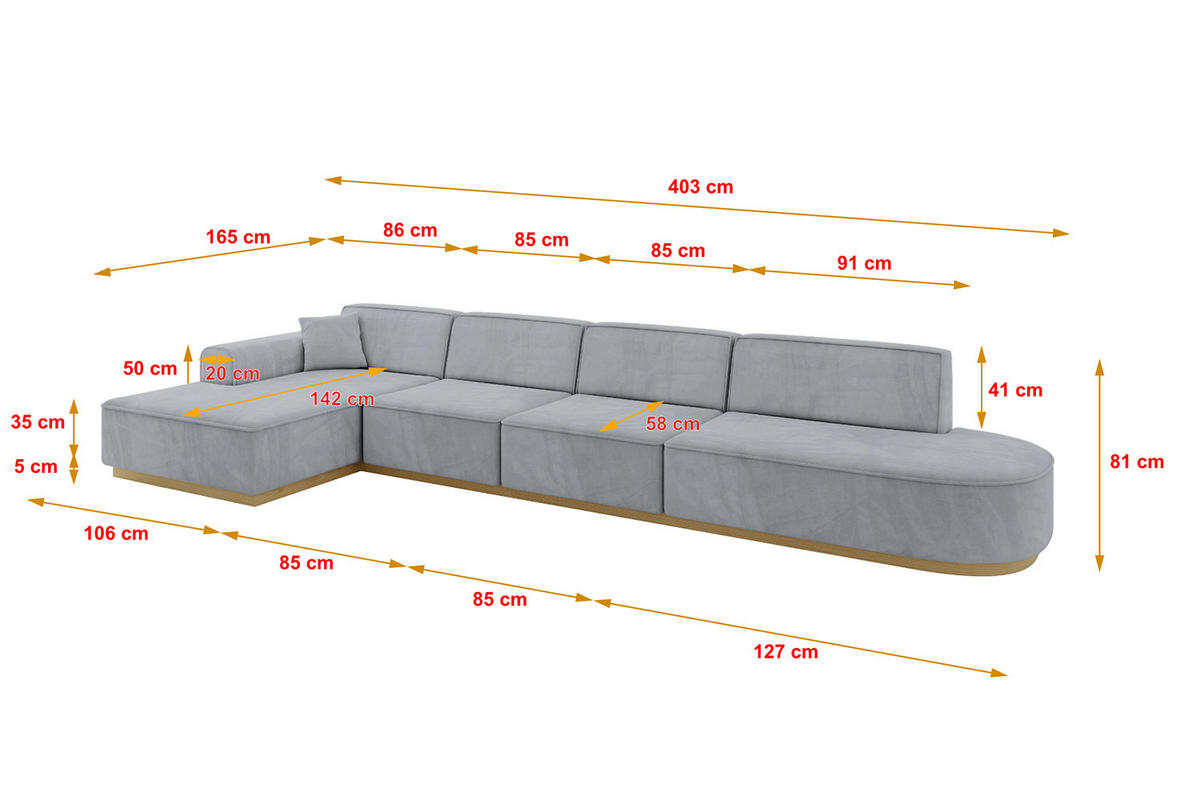 ECKSOFA Ottomane Links IREA-L3-v2 - 403x165x81 cm Grau - Grau, Holzwerkstoff/Textil (403/165cm) - ALTDECOR