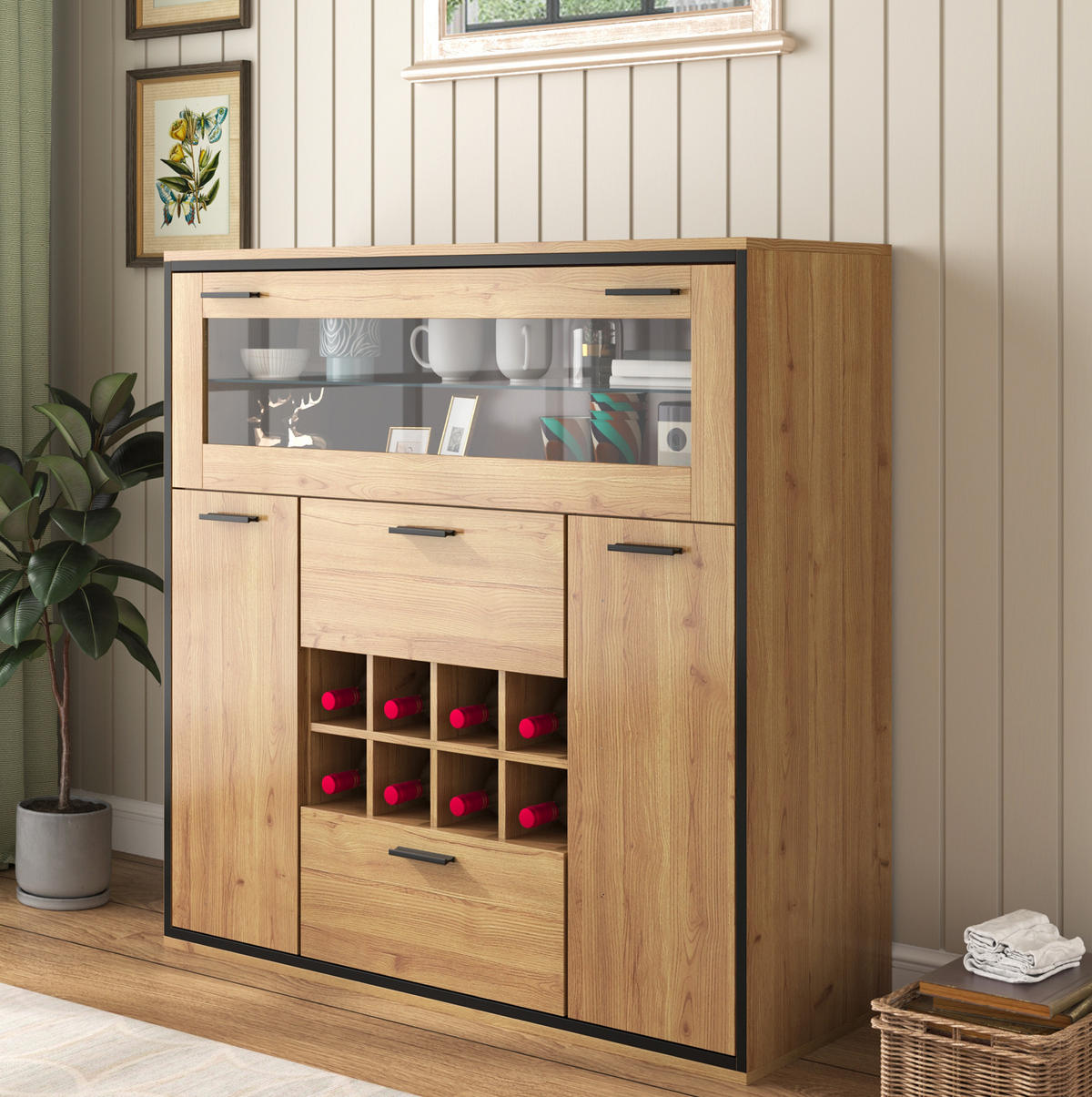 SIDEBOARD aus Spanplatte 110x38x111 cm Natur/Schwarz mit Weinregalen und LED-Beleuchtung - Naturfarben, Holzwerkstoff (110/111/38cm) - IVMEU