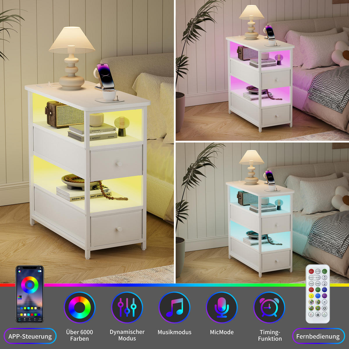 NACHTTISCH LED USB 2 Schubladen 2 Fächer weiß - Weiß, Holz (58/28/60.5cm) - LEBENLANG