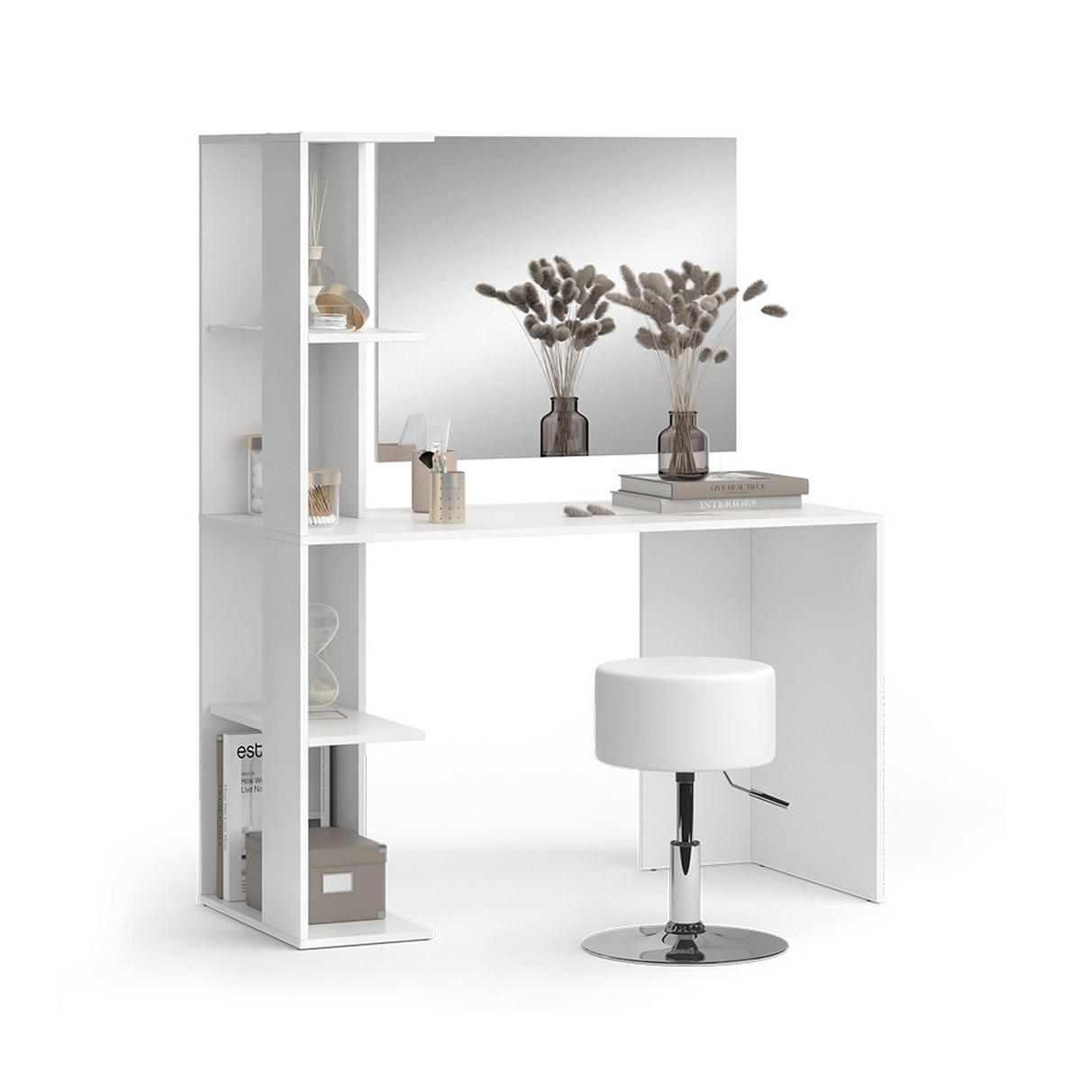 SCHMINKTISCH Tower Weiß 122.2 cm mit Spiegel und Hocker - Weiß, Holzwerkstoff (122.2/75.8/55.2cm) - Vicco