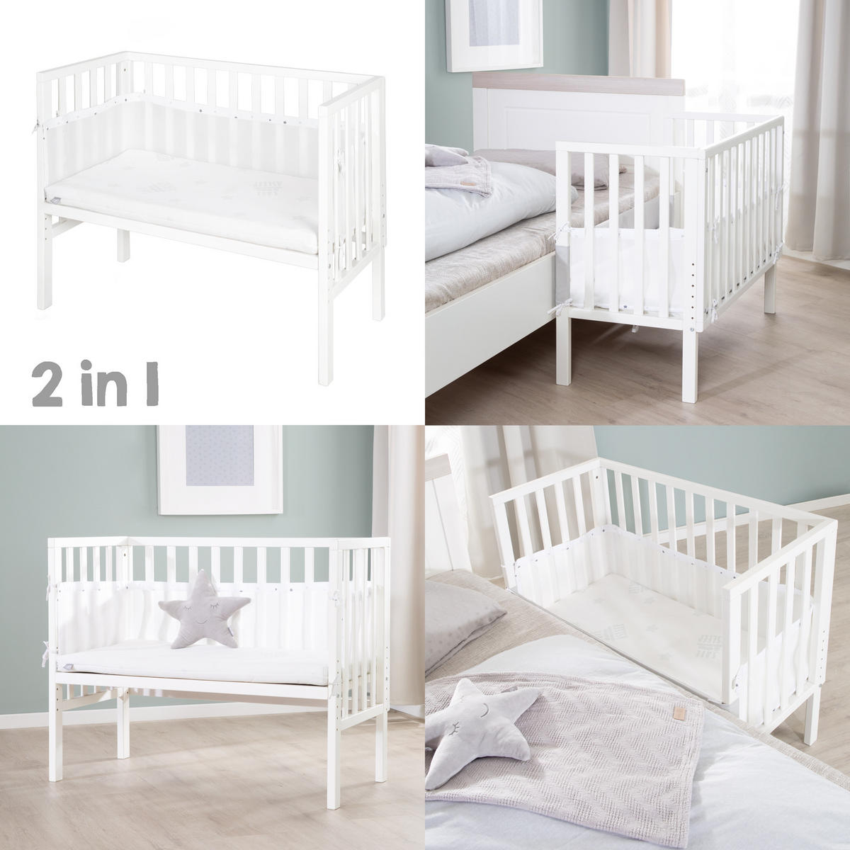 BEISTELLBETT Sternenzauber grau 2in1 Set 90 x 45 cm - Creme/Weiß, Holzwerkstoff (45/90cm) - Roba