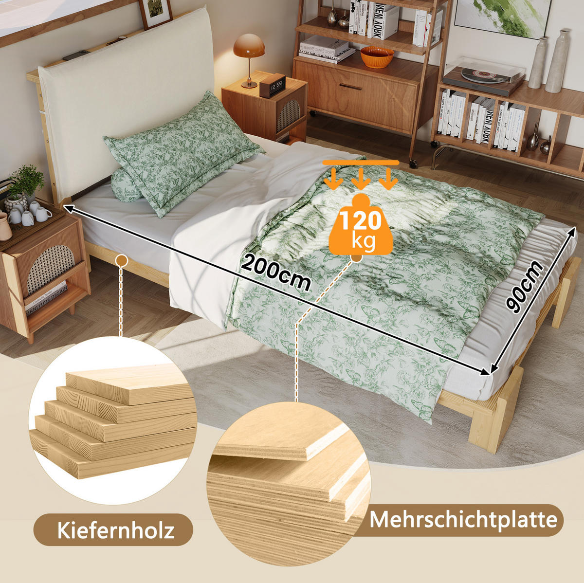 POLSTERBETT 90/200 cm Natur aus Holz und Stoff mit gepolsterter Rückenlehne - Naturfarben, Textil (90/200cm) - OKMYHOME