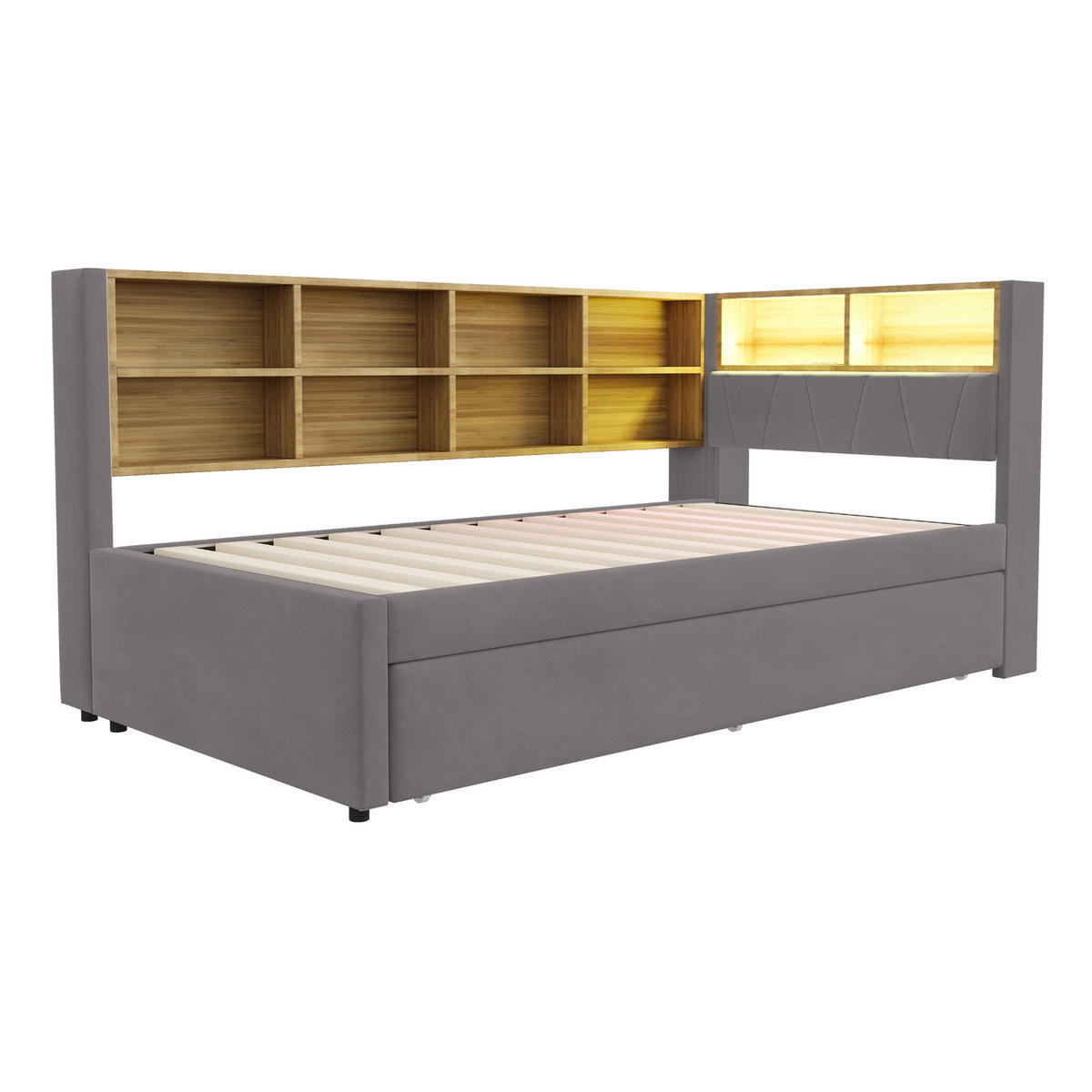 POLSTERBETT 90/200 cm Dunkelgrau mit Stauraum, LED-Beleuchtung und USB/Type-C - Dunkelgrau, Textil (90/200cm) - Flora Grace