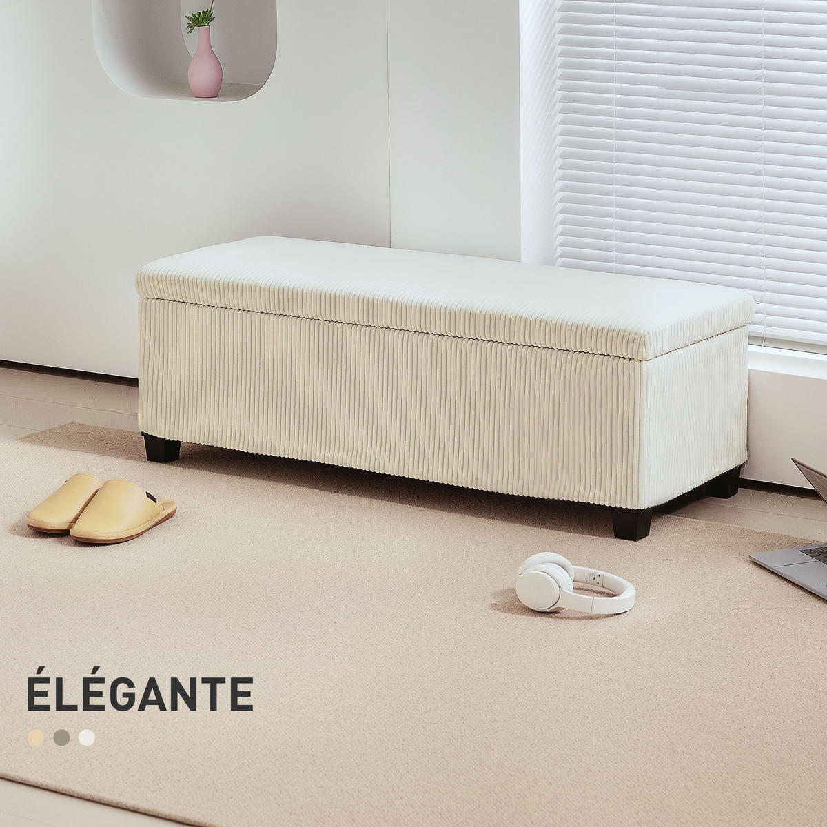 TRUHENBANK DE-16407 mit Stauraum und Cordbezug Beige - Beige, Textil (112/40/42cm) - ComfortXL