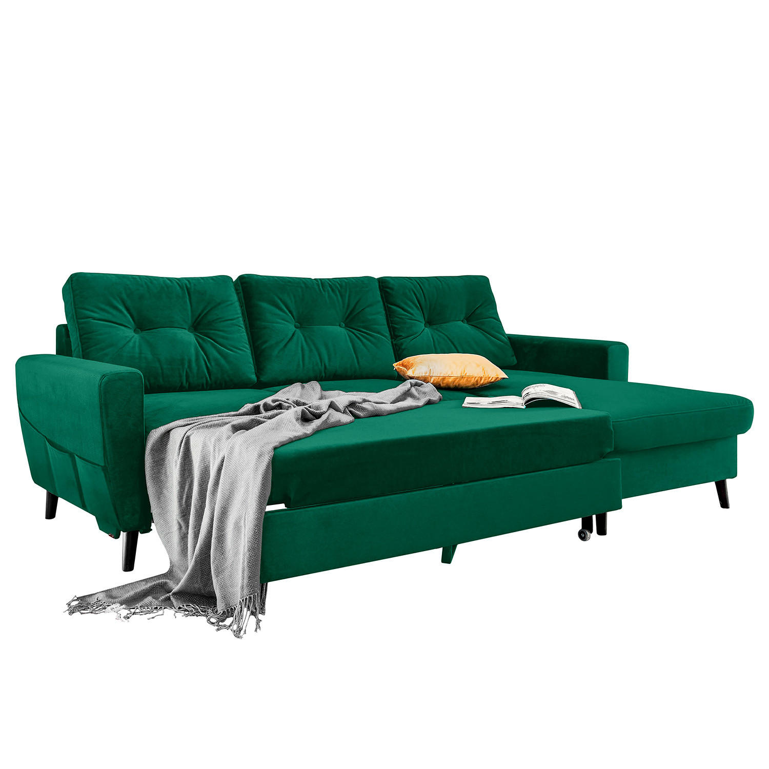 ECKSOFA mit Longchair - Smaragdgrün/Schwarz, Textil (233/148cm) - home24