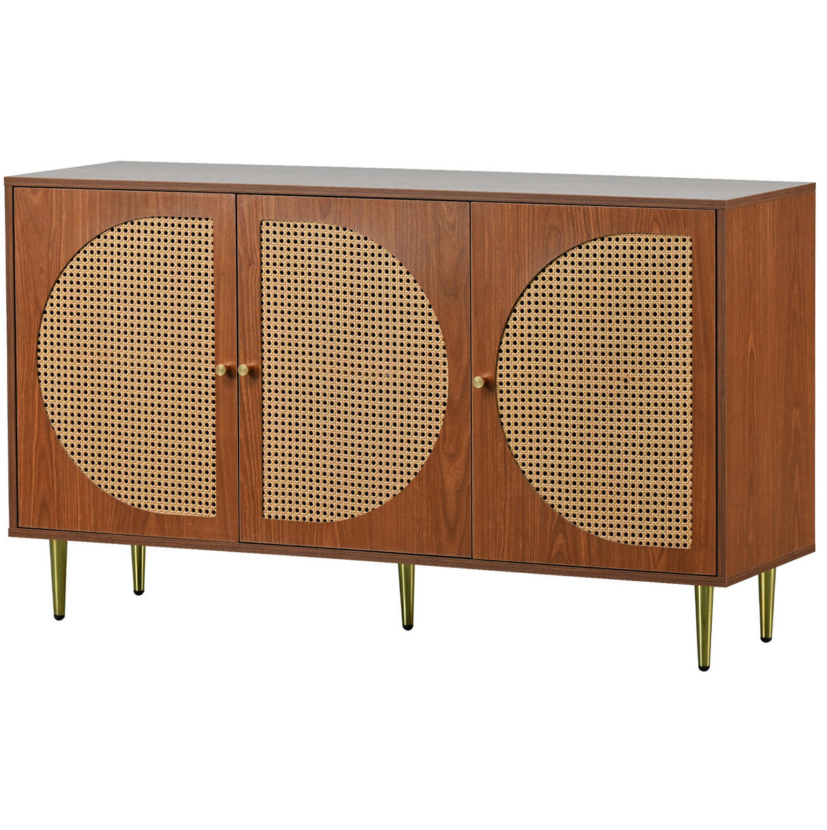 SIDEBOARD aus Spanplatte 129,8x40x76 cm Walnuss mit 3 Türen, verstellbaren Einlegeböden und Rattan-Optik - Walnussfarben, Holzwerkstoff (129.8/76/40cm) - Modfu