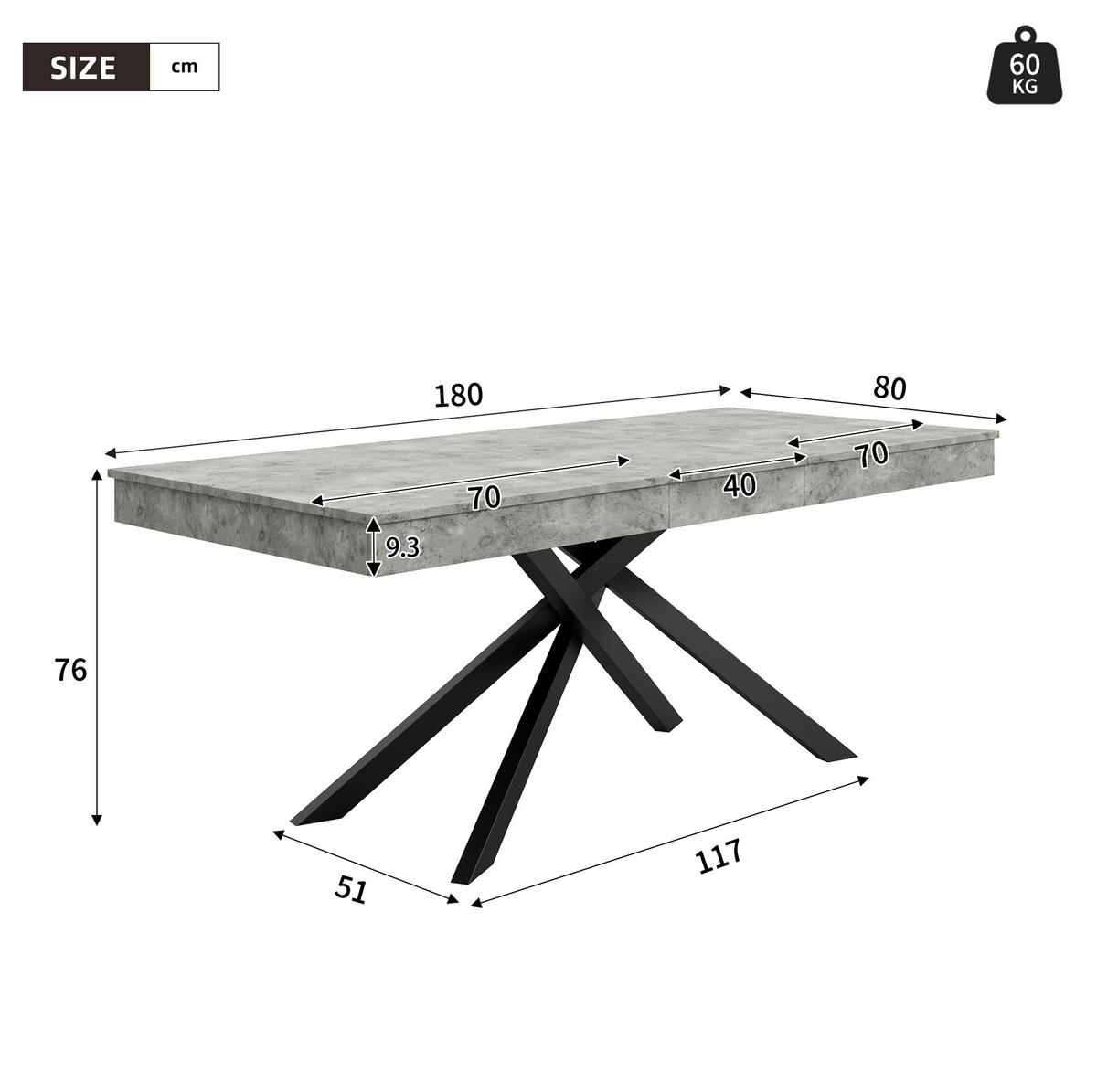 JÍDELNÍ stůl 140/180/80 cm šedý z MDF s rozkládací deskou pro 6–8 osob - šedá, kompozitní dřevo (180/80/76cm) - OKWISH