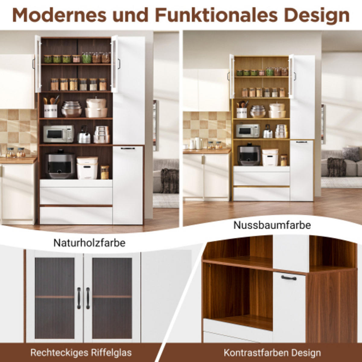 HIGHBOARD mit Riffelglas weiß-walnussfarben 100×40×200 cm aus MDF - Naturfarben, Holzwerkstoff (100/200/40cm) - Luhomfu