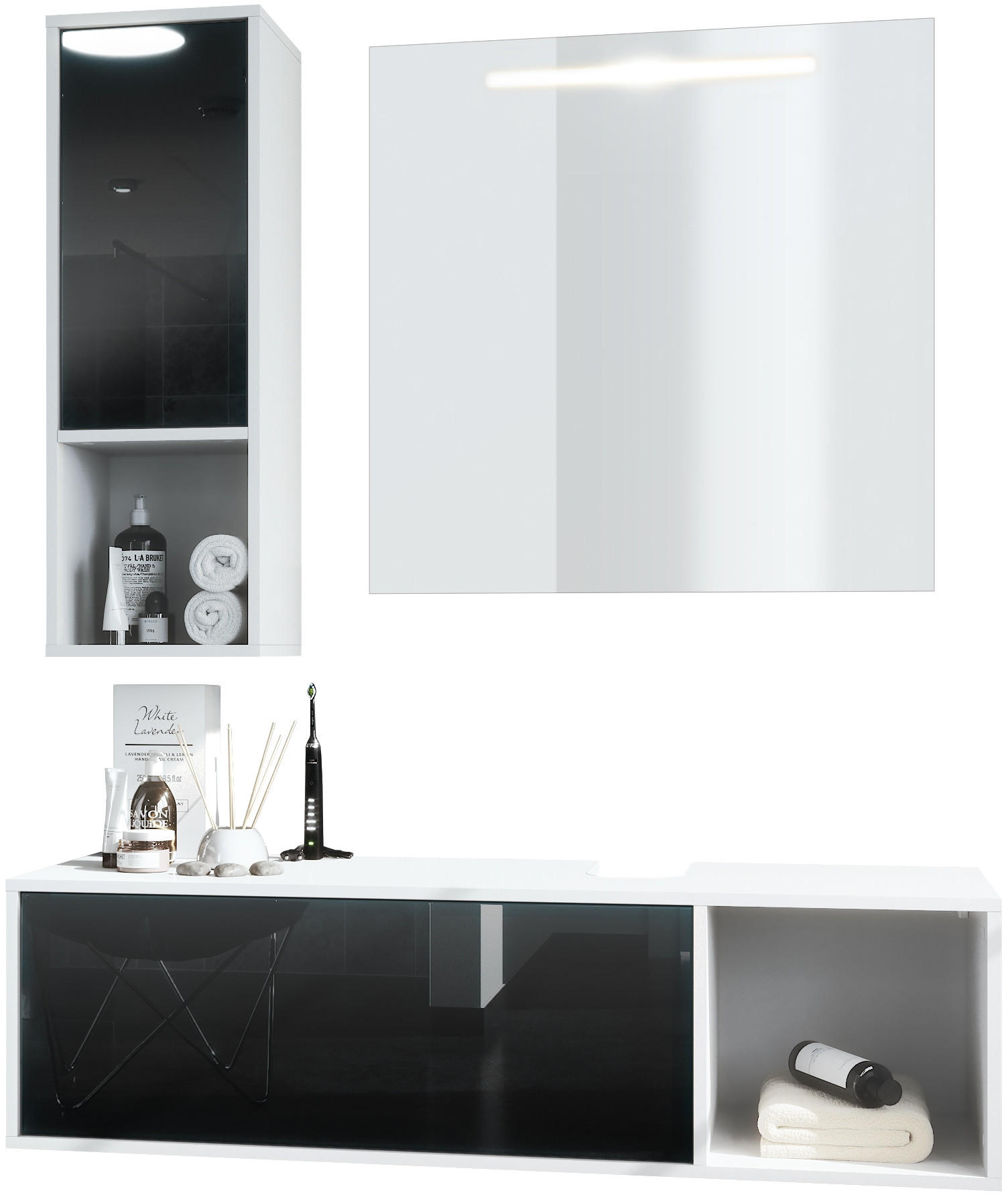 Vladon Badmöbelset Schwarz Hochglanz 126.5x190x46 cm