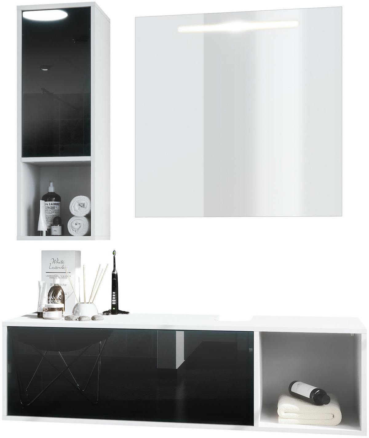 BADMÖBELSET La Costa Fronten in Schwarz Hochglanz - Schwarz Hochglanz, Holzwerkstoff (126.5/190/46cm) - Vladon