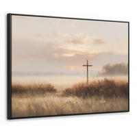 LEINWAND Bilder mit Rahmen - Gras - Morgennebel - Kreuz - Christentum - 100x70 - Beige, Textil (100/70cm) - MuchoWow