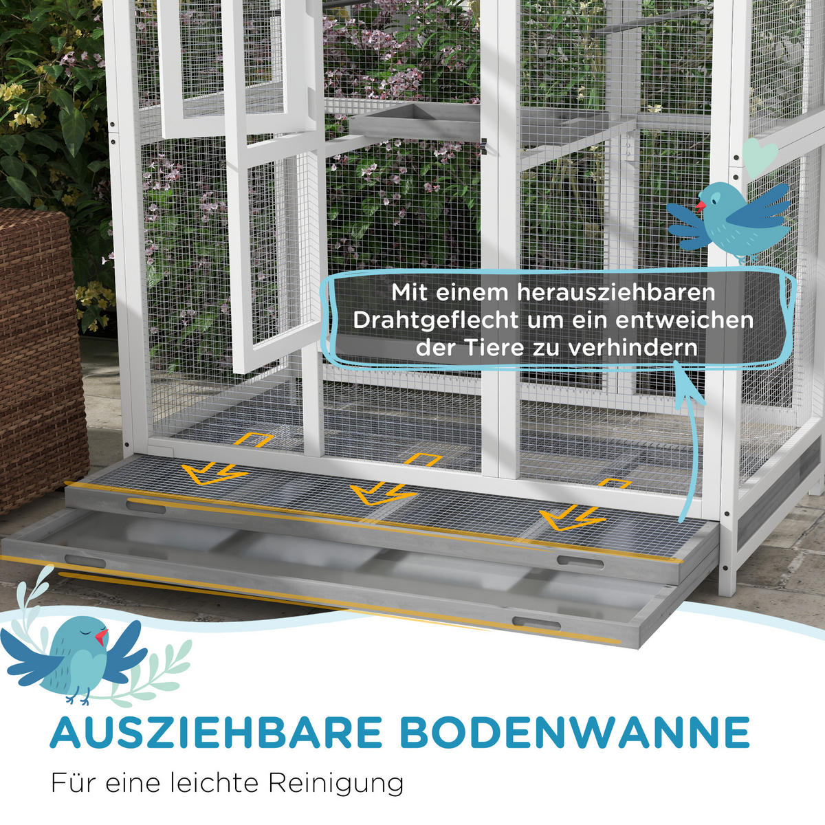 VOGELKÄFIG DE-10751 mit Asphaltdach & 4 Sitzstangen Natur - Weiß, Holzwerkstoff (68/154/112cm) - ComfortXL
