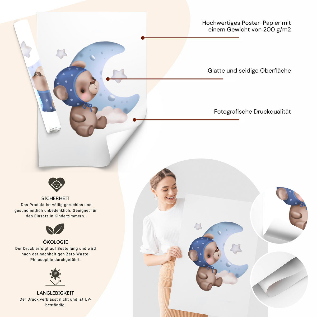 SADA PLAGÁTOV Do Detskej Izby Mackovia Balóny Hviezdy Oblaky 3x Plagát A3 30 x 42 cm - hnedá/biela, papier (30/42/1cm) - Muralo