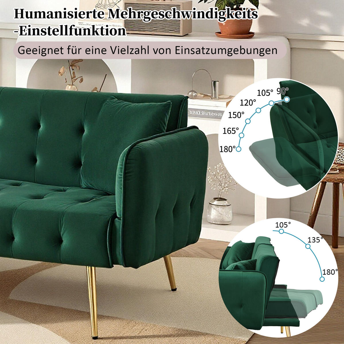 2-SITZER Schlafsofa Samt mit verstellbarer Rückenlehne und Armlehnen Grün 178/82/70 cm - Grün, Textil (82/70/178cm) - Redom