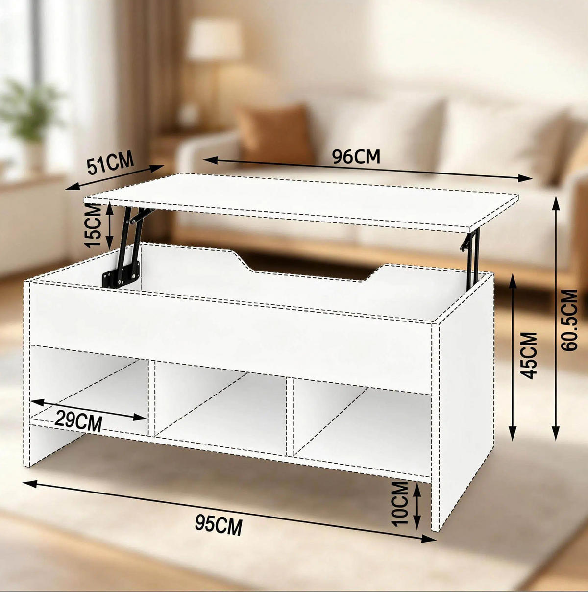 COUCHTISCH aus Holz & Metall 96x51x60.5 cm in Weiß mit Lift-Top & Stauraum - Weiß, Holzwerkstoff (96/51/60.5cm) - Modfu