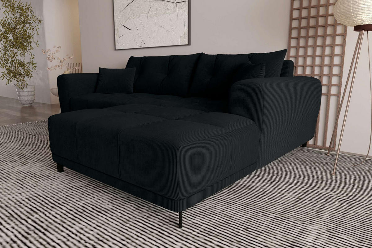 ECKSOFA Massimo Cordstoff Schwarz inkl. Schlaffunktion Rechts - Schwarz, Textil/Metall (246/177cm) - 99rooms