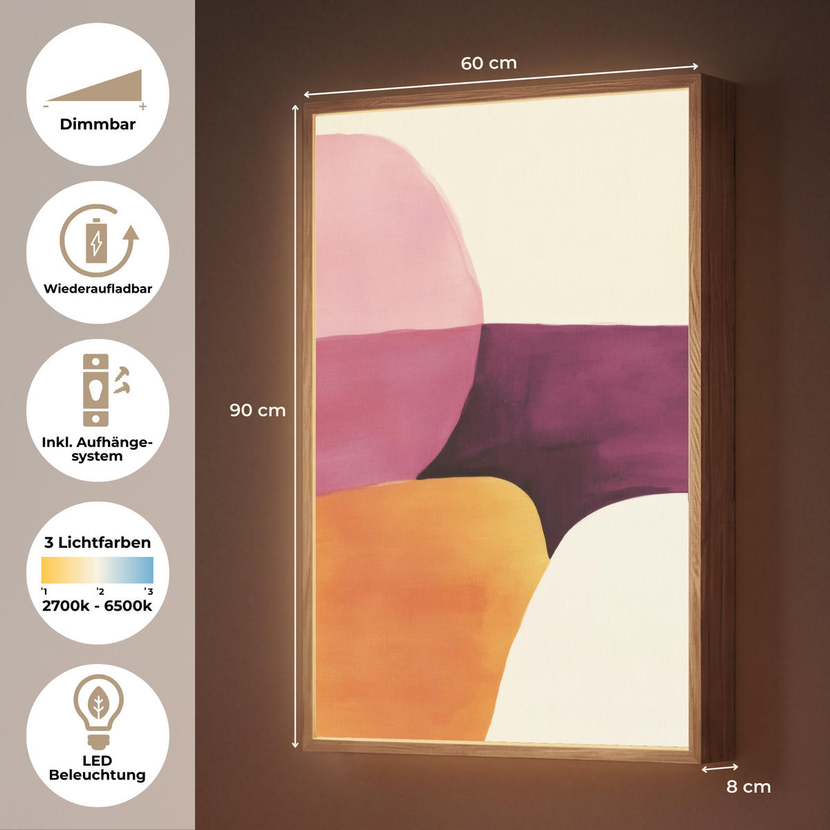 NÁSTĚNNÁ LAMPA S AKUMULÁTOREM Tvary - abstraktní - barevné 60x90 cm - růžová, kompozitní dřevo (60/90/8cm) - OnlyWow