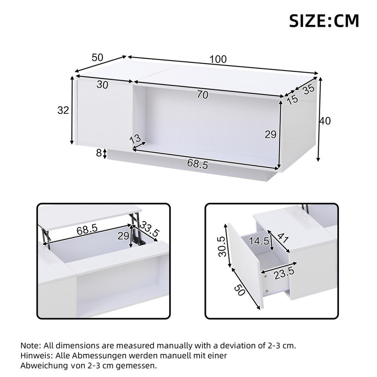 COUCHTISCH 100x50cm Weiß Höhenverstellbar LED Versteckter Stauraum Schublade - Weiß, Holz (108.64/58.24/15.9cm) - FLIEKS