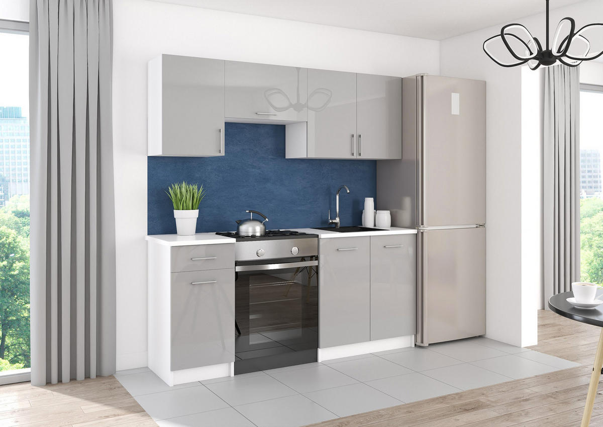 KÜCHENZEILE LECO 180 grau glanz - Grau, Holzwerkstoff (180/82/46cm) - roe furniture