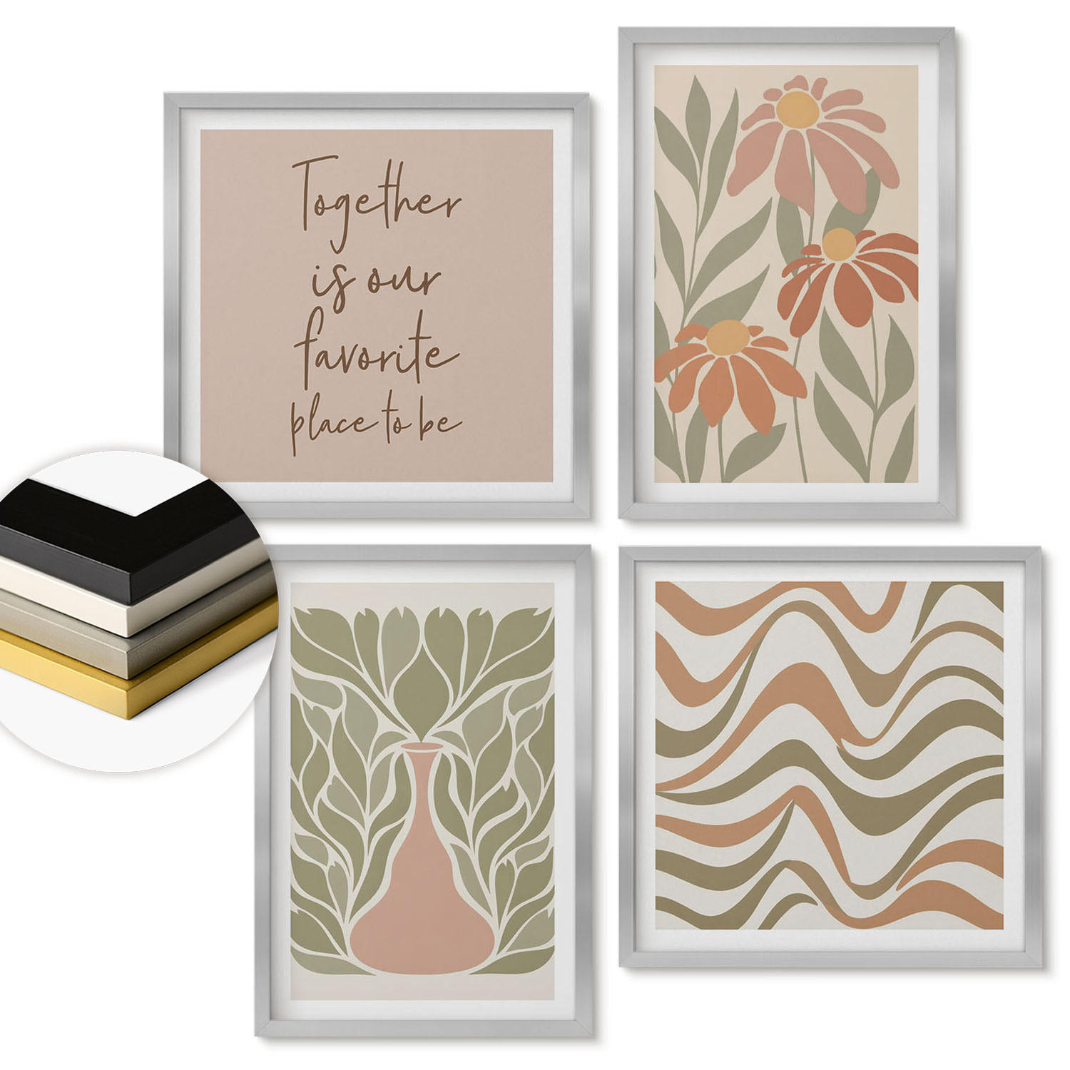 WANDBILDER 4er Set - 50x50 cm & 40x60 cm Silberner Rahmen - Abstrakte Pastellblumen - Silberfarben, Kunststoff (50/50cm) - ArtPrintCave