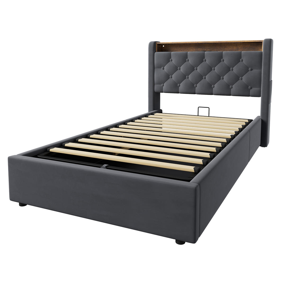 POLSTERBETT 90/190 cm in Dunkelgrau Samt mit Bettkasten, LED-Beleuchtung und USB-Anschluss - Dunkelgrau, Holzwerkstoff/Textil (90/190cm) - CHICFURN