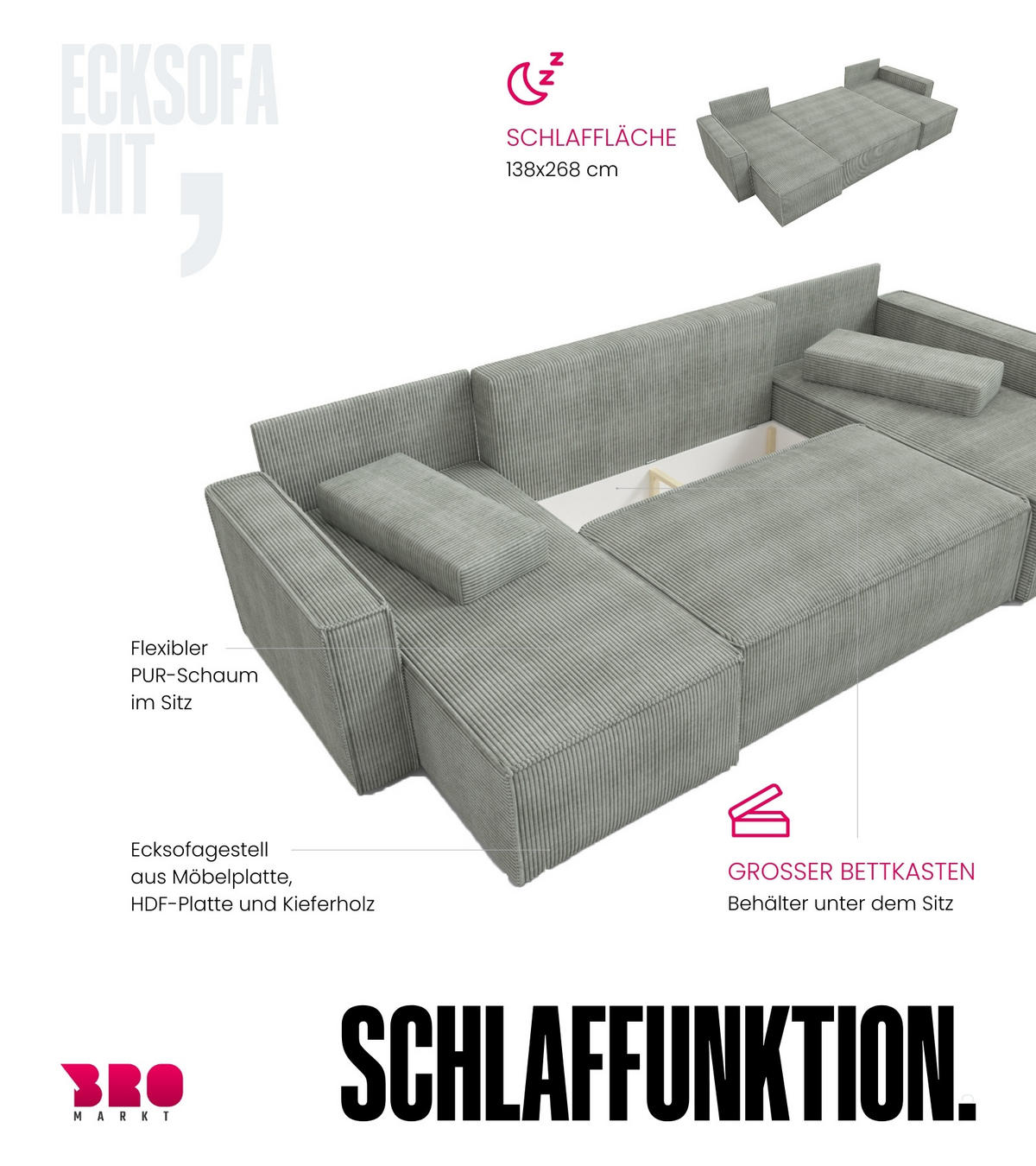 WOHNLANDSCHAFT Dexter U mit Schlaffunktion Puderrosa Cord - Rosa, Textil (310/80/141cm) - Bromarkt
