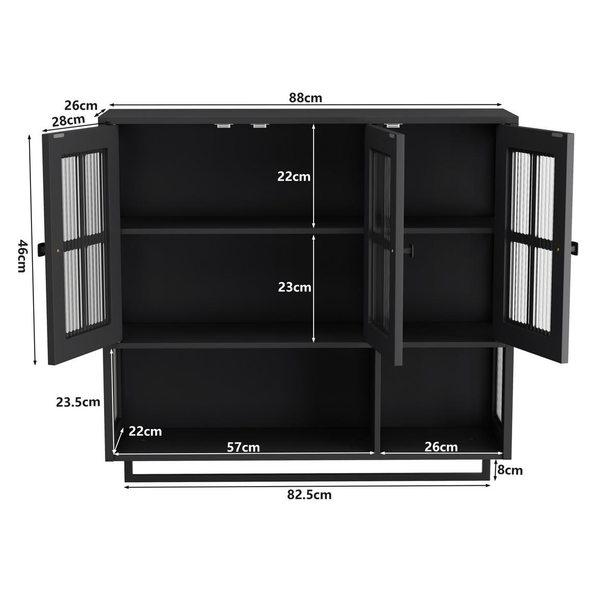 KÜCHENOBERSCHRANK 88/26/82,5 cm mit Glasfront, 3 Türen und Handtuchhalter in Schwarz - Schwarz, Holzwerkstoff (88/82.5/26cm) - BEAOK