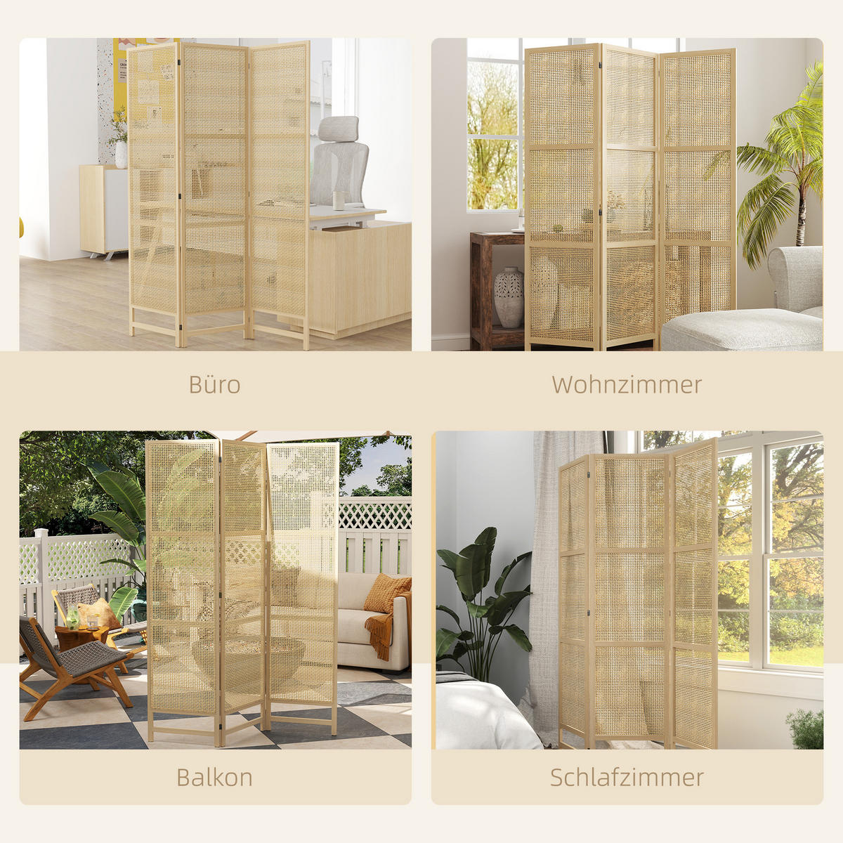 PARAVENT3-TEILIG 135 x 180 cm, Natur - Naturfarben, Kunststoff (135/180/1.7cm) - HOMCOM