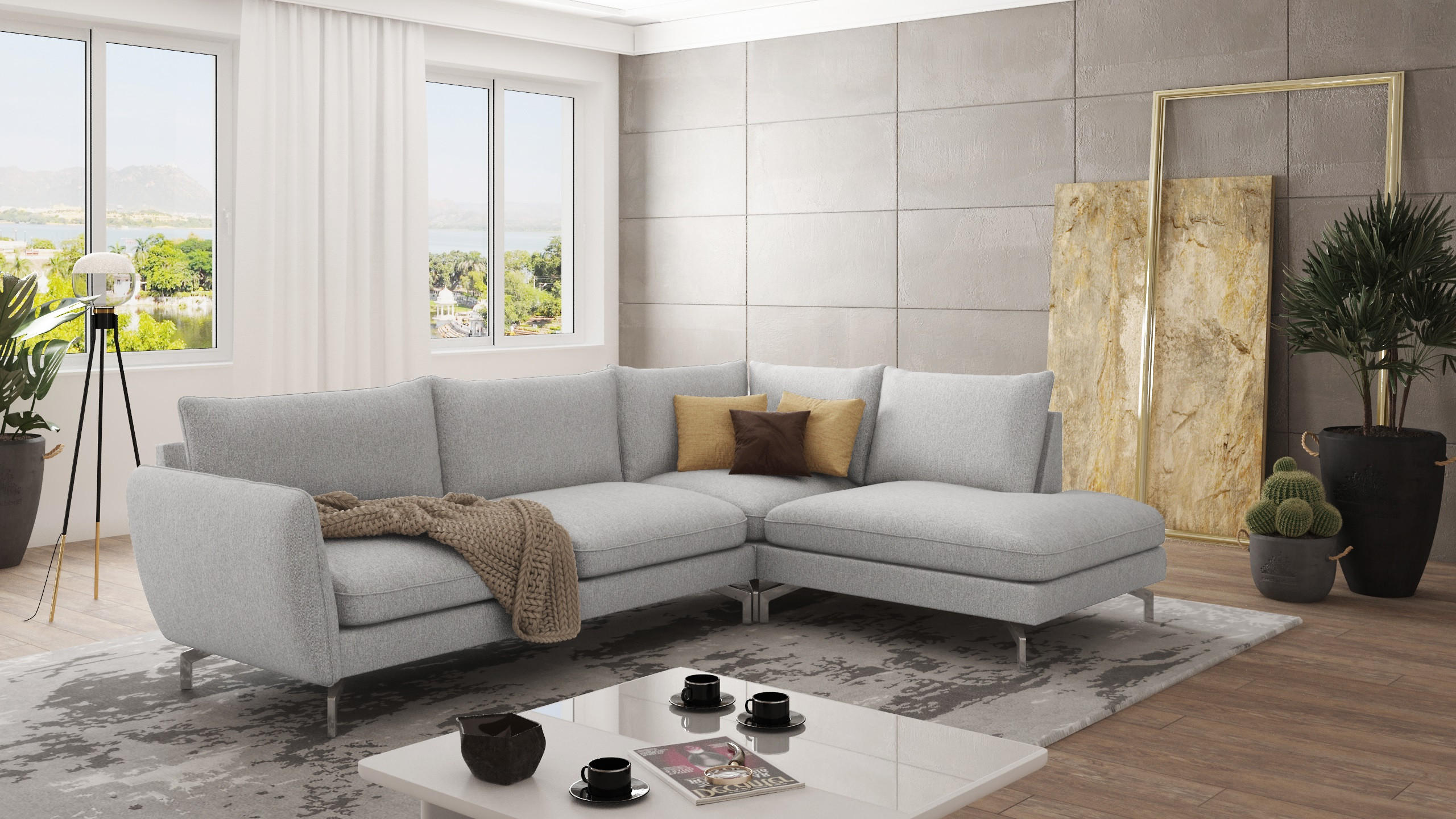ECKSOFA Elou Silber Microfaser - Chromfarben/Silberfarben, Holz/Textil (277/200cm) - S-Style Möbel
