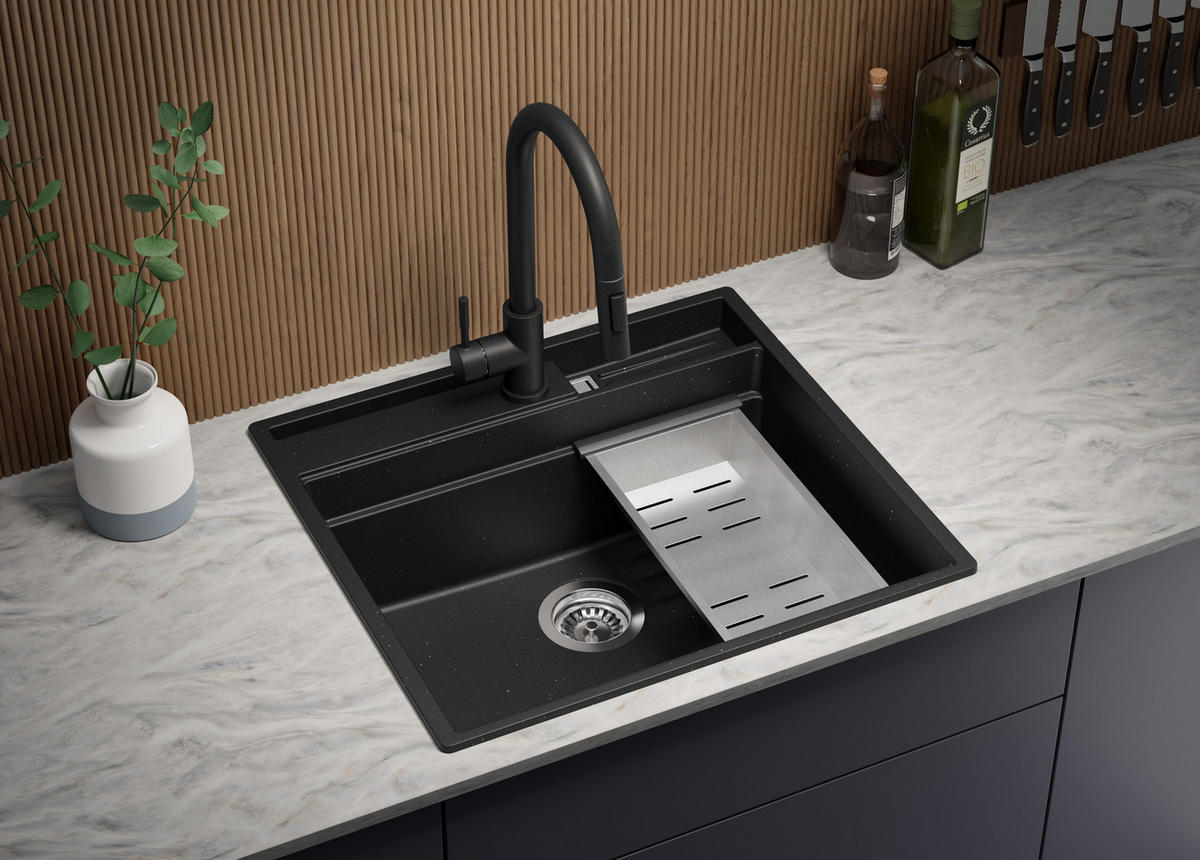 SPÜLBECKEN Oslo Pocket, 2-er set Schwarz Metallic 58/53 cm 1 Becken + Ablauf-Set + Küchenzubehörset ab 60er Unterschrank - Chromfarben/Schwarz Hochglanz, Kunststoff (58/20/53cm) - Primagran