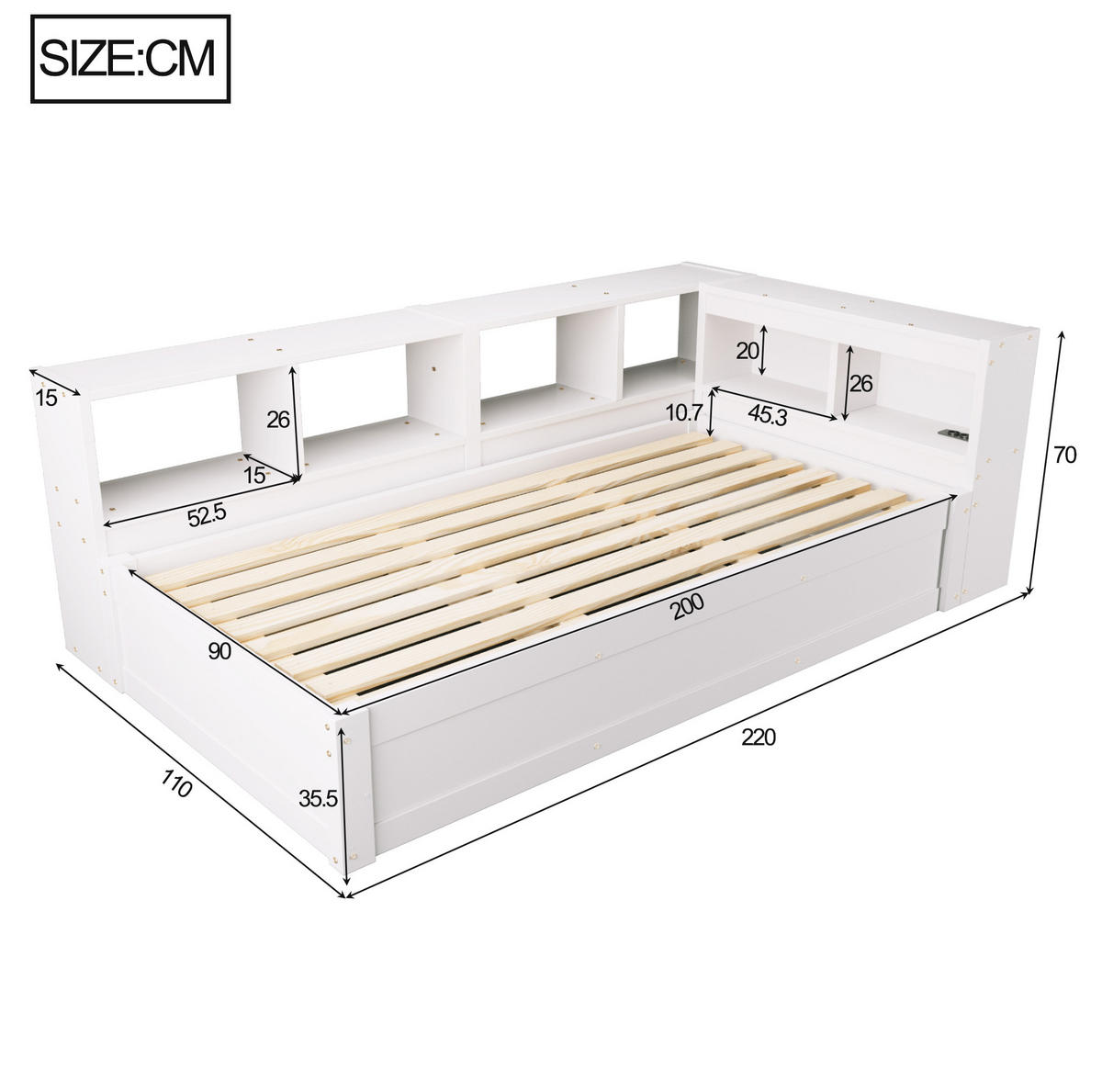 MULTIFUNKTIONSBETT aus Kiefernholz 90x200 cm Weiß mit LED-Beleuchtung, Steckdose und Stauraum - Weiß, Holzwerkstoff (90/200cm) - IVMEU