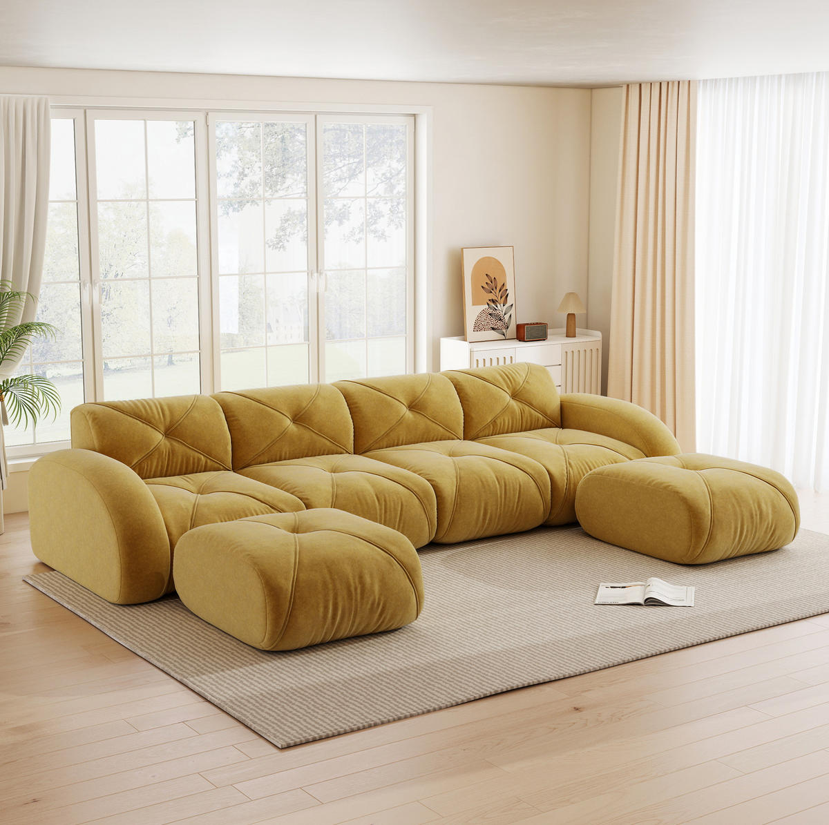 SOFA Modulsofa 4-Sitzer Chenille Yellow mit 2 Hockern - Gelb, Kunststoff (171/76/358.1cm) - Meubliv